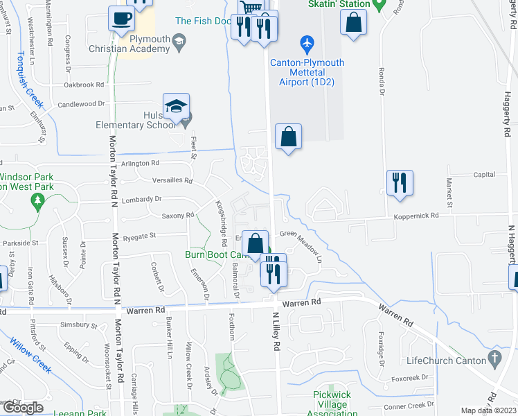 map of restaurants, bars, coffee shops, grocery stores, and more near 7655 Balmoral Drive in Canton