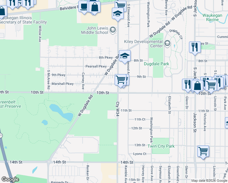map of restaurants, bars, coffee shops, grocery stores, and more near 1913 Marshall Parkway in Waukegan