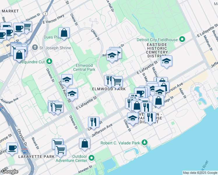map of restaurants, bars, coffee shops, grocery stores, and more near 1080 Chene Street in Detroit