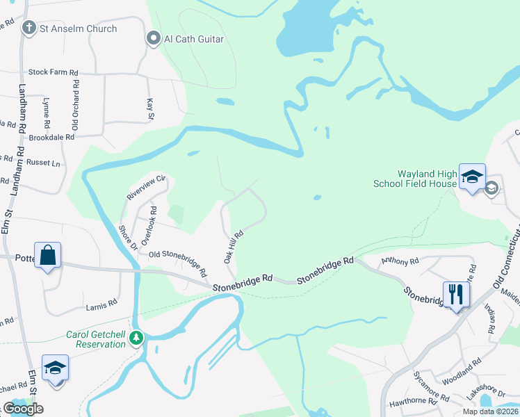 map of restaurants, bars, coffee shops, grocery stores, and more near 34 Oak Hill Road in Wayland