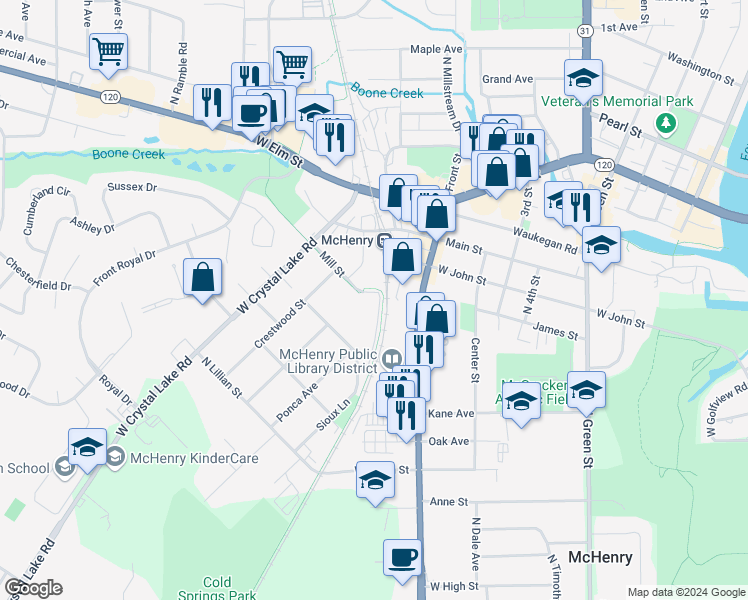 map of restaurants, bars, coffee shops, grocery stores, and more near 721 North Mill Street in McHenry