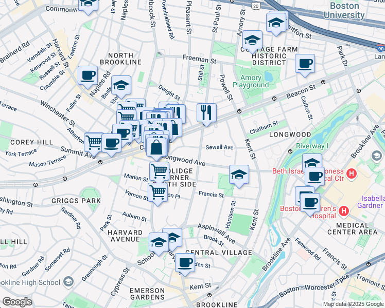 map of restaurants, bars, coffee shops, grocery stores, and more near 76 Sewall Avenue in Brookline