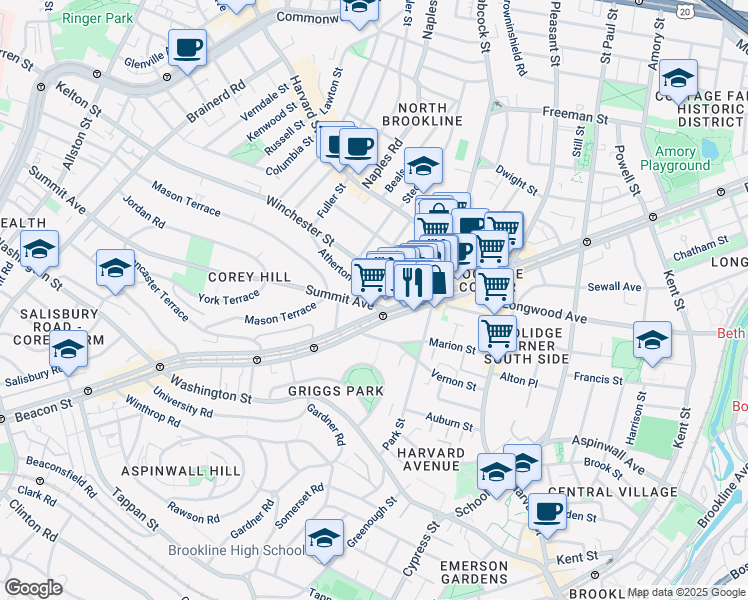 map of restaurants, bars, coffee shops, grocery stores, and more near 24 Winchester Street in Brookline
