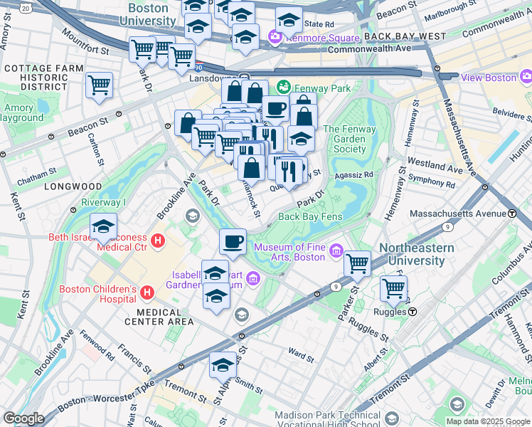 map of restaurants, bars, coffee shops, grocery stores, and more near 58 Queensberry Street in Boston