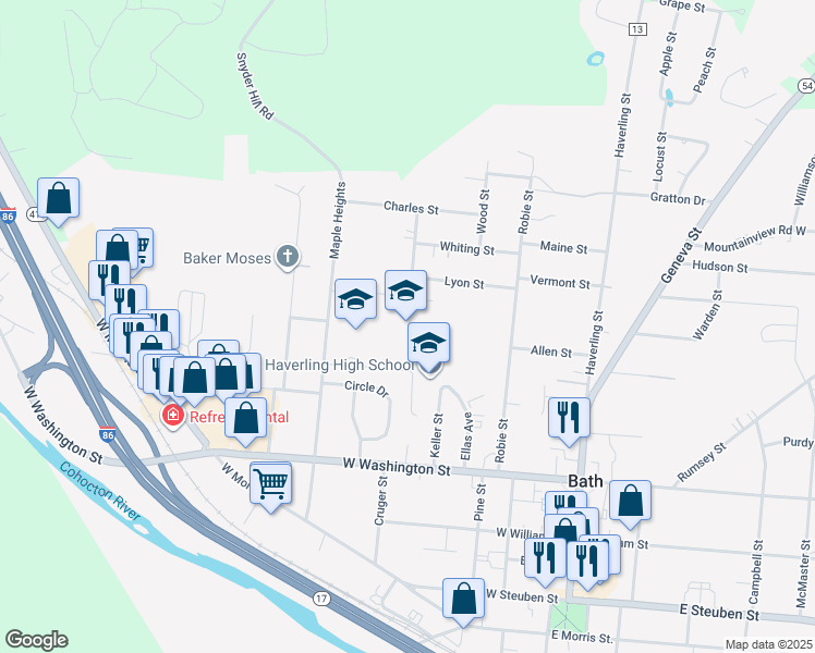 map of restaurants, bars, coffee shops, grocery stores, and more near 25 Ellas Avenue in Bath
