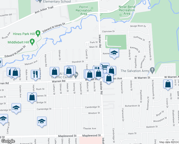map of restaurants, bars, coffee shops, grocery stores, and more near 7342 Cavell Street in Westland