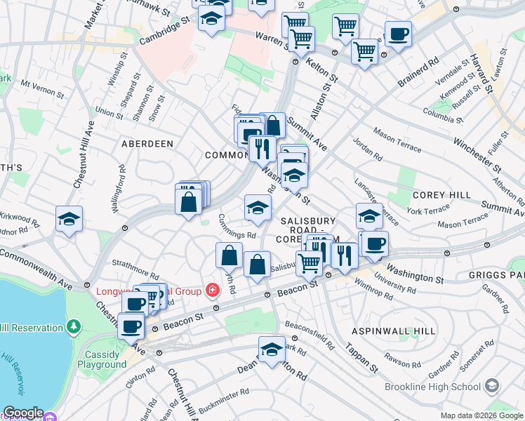 map of restaurants, bars, coffee shops, grocery stores, and more near 19 Mount Hood Road in Boston
