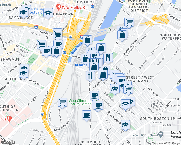 map of restaurants, bars, coffee shops, grocery stores, and more near Dorchester Ave & W 4th St in Boston