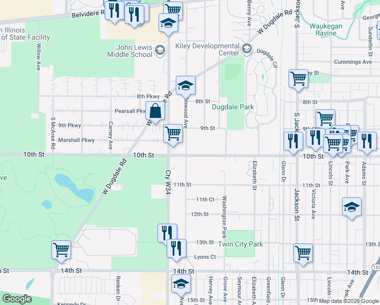 map of restaurants, bars, coffee shops, grocery stores, and more near 1706 10th Street in Waukegan