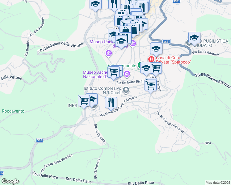 map of restaurants, bars, coffee shops, grocery stores, and more near 65 Via delle Fornaci in Chieti