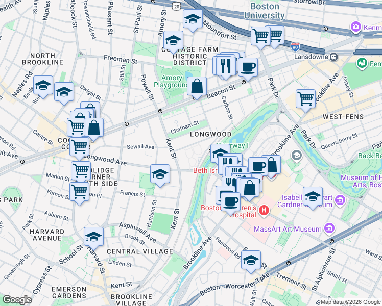 map of restaurants, bars, coffee shops, grocery stores, and more near 101 Colchester Street in Brookline