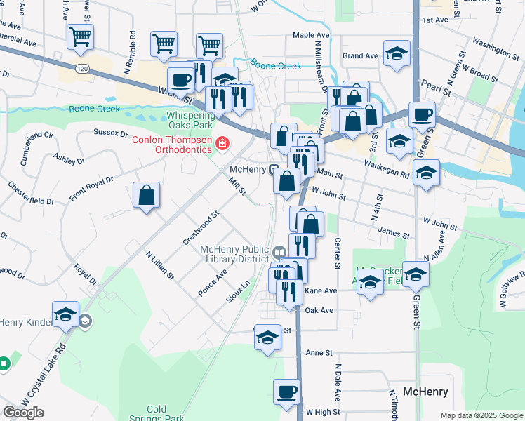 map of restaurants, bars, coffee shops, grocery stores, and more near 725 Mill Street in McHenry