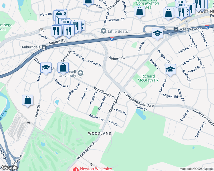 map of restaurants, bars, coffee shops, grocery stores, and more near 1816 Commonwealth Avenue in Newton