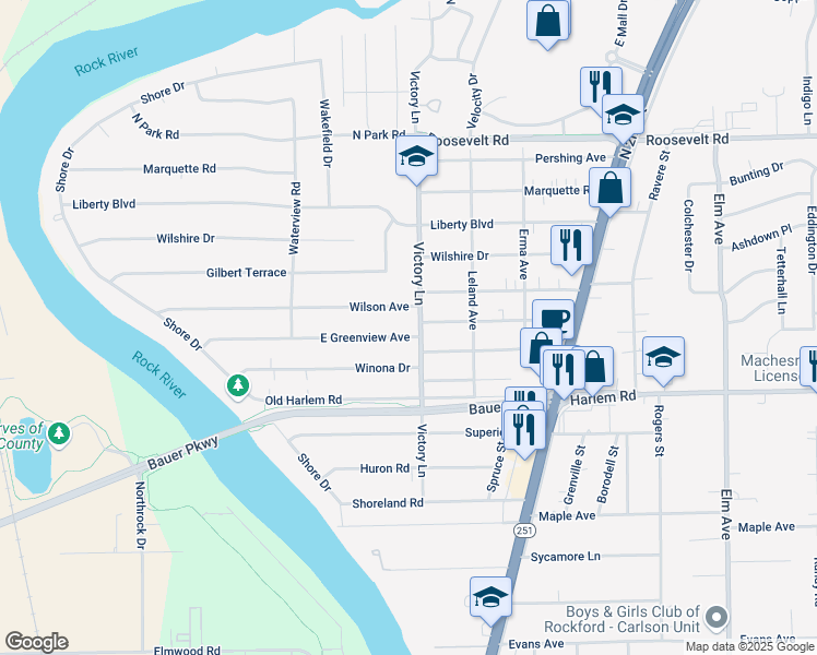 map of restaurants, bars, coffee shops, grocery stores, and more near 243 Wilson Avenue in Machesney Park