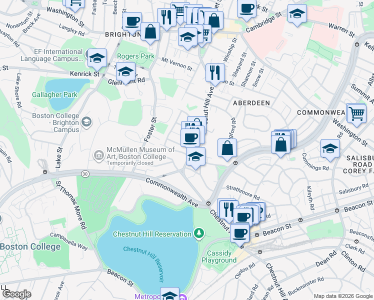 map of restaurants, bars, coffee shops, grocery stores, and more near 25 Embassy Road in Boston