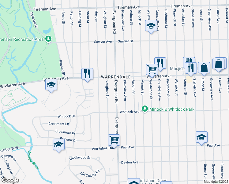 map of restaurants, bars, coffee shops, grocery stores, and more near 6878 Evergreen Road in Detroit