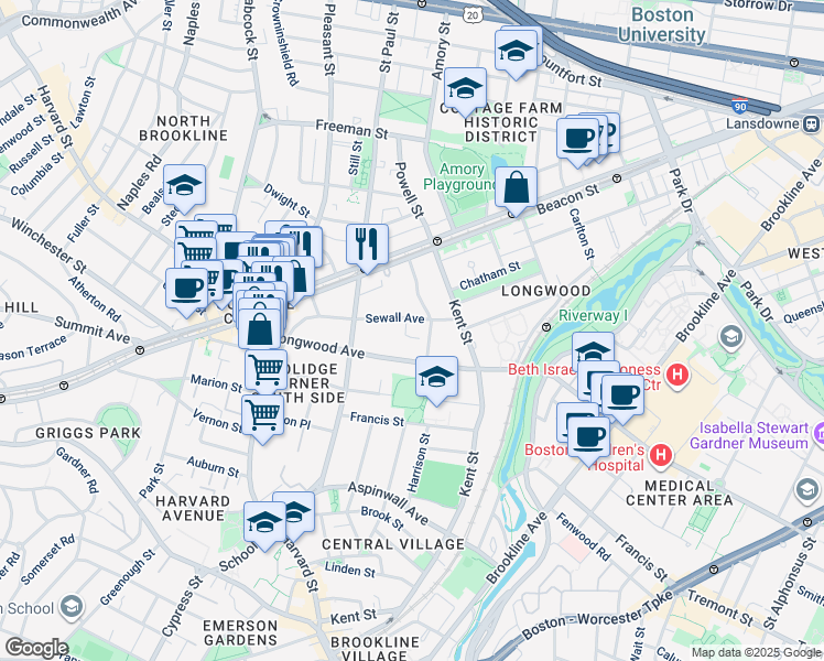 map of restaurants, bars, coffee shops, grocery stores, and more near 131 Sewall Avenue in Brookline