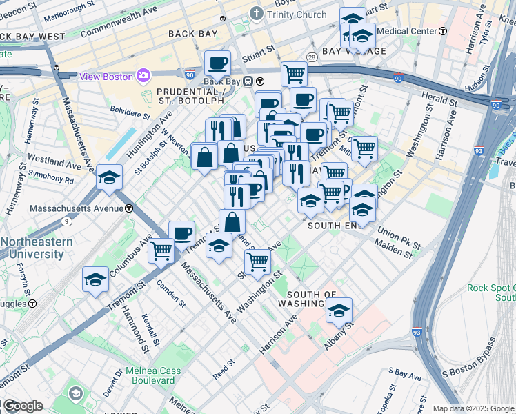 map of restaurants, bars, coffee shops, grocery stores, and more near 83 Pembroke Street in Boston