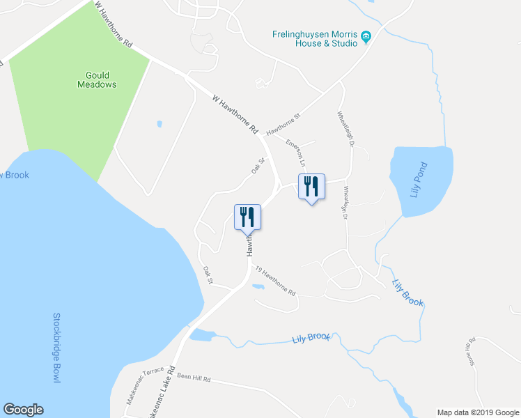 map of restaurants, bars, coffee shops, grocery stores, and more near 19 Hawthorne Road in Lenox