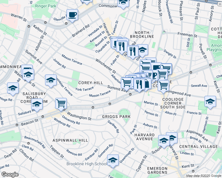 map of restaurants, bars, coffee shops, grocery stores, and more near 138 Mason Terrace in Brookline