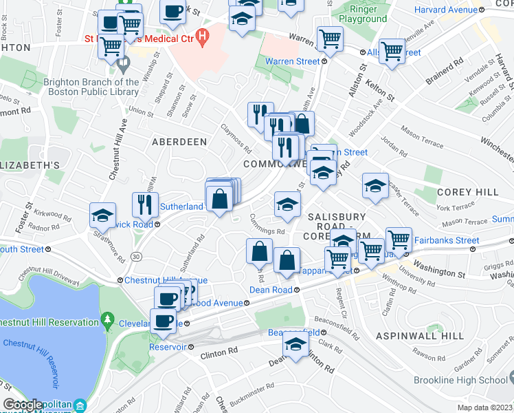 map of restaurants, bars, coffee shops, grocery stores, and more near 1665 Commonwealth Avenue in Boston