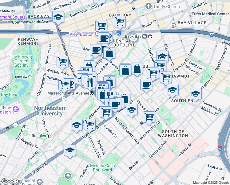 map of restaurants, bars, coffee shops, grocery stores, and more near 525 A Columbus Avenue in Boston