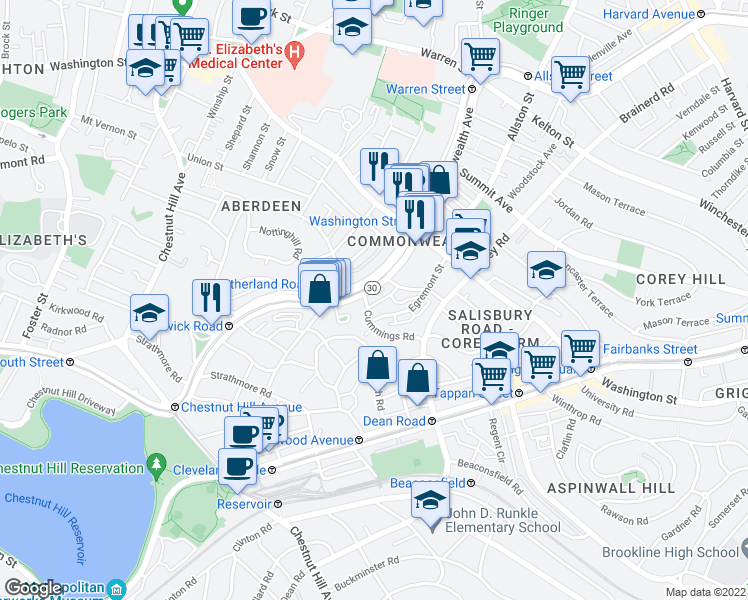 map of restaurants, bars, coffee shops, grocery stores, and more near 1665 Commonwealth Avenue in Boston