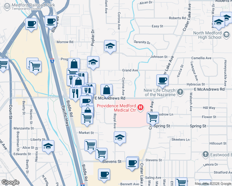 map of restaurants, bars, coffee shops, grocery stores, and more near 1455 E McAndrews Rd in Medford