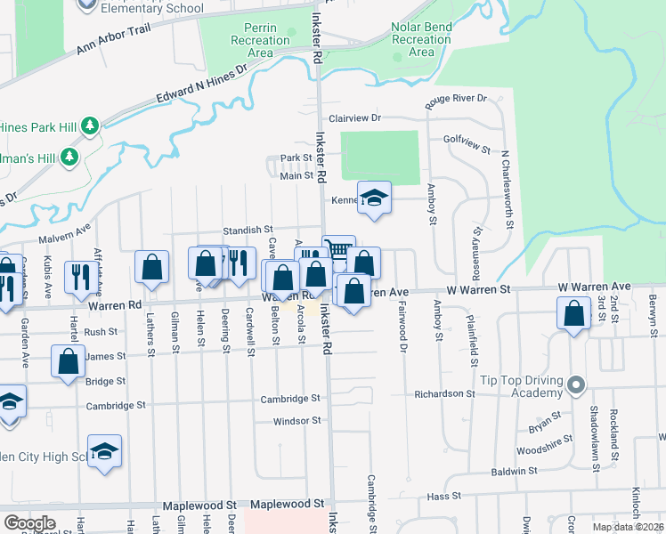 map of restaurants, bars, coffee shops, grocery stores, and more near 27228 West Pleasant Ridge Street in Dearborn Heights