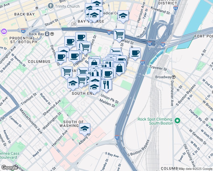 map of restaurants, bars, coffee shops, grocery stores, and more near 485 Harrison Avenue in Boston