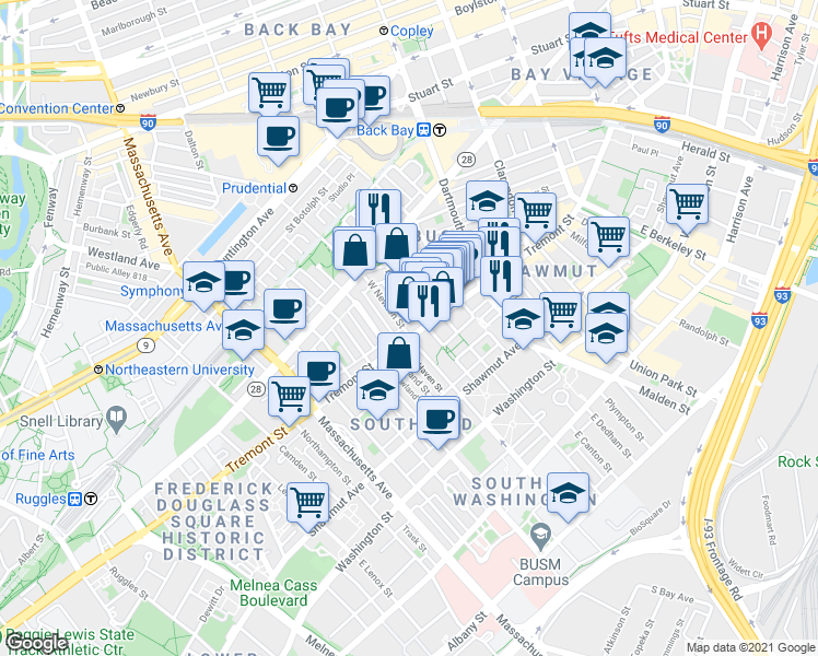 map of restaurants, bars, coffee shops, grocery stores, and more near 83 Pembroke Street in Boston