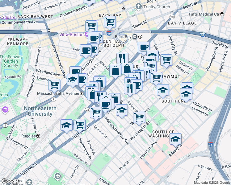 map of restaurants, bars, coffee shops, grocery stores, and more near 43 Public Alley 502 in Boston