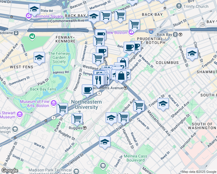 map of restaurants, bars, coffee shops, grocery stores, and more near 52 Gainsborough Street in Boston