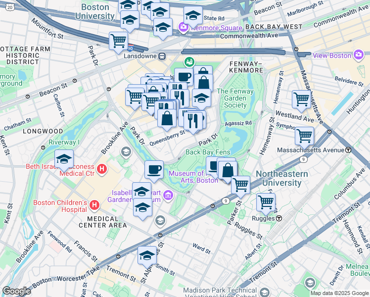 map of restaurants, bars, coffee shops, grocery stores, and more near 111 Park Drive in Boston