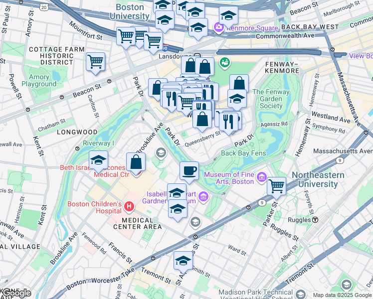 map of restaurants, bars, coffee shops, grocery stores, and more near 105 Queensberry Street in Boston