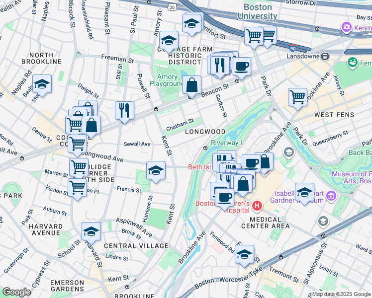 map of restaurants, bars, coffee shops, grocery stores, and more near 101 Colchester Street in Brookline