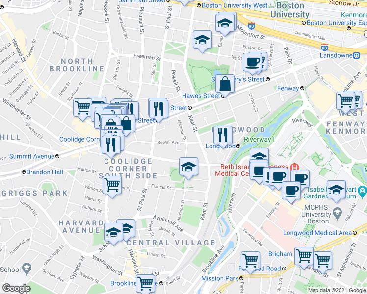 map of restaurants, bars, coffee shops, grocery stores, and more near 138 Sewall Avenue in Brookline