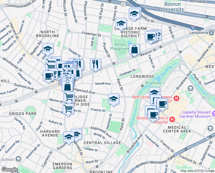 map of restaurants, bars, coffee shops, grocery stores, and more near 138 Sewall Avenue in Brookline