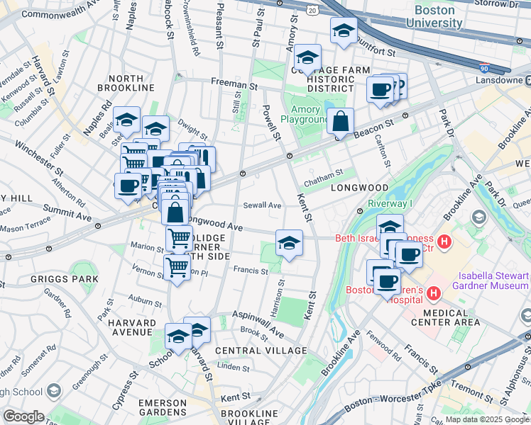 map of restaurants, bars, coffee shops, grocery stores, and more near 138 Sewall Avenue in Brookline