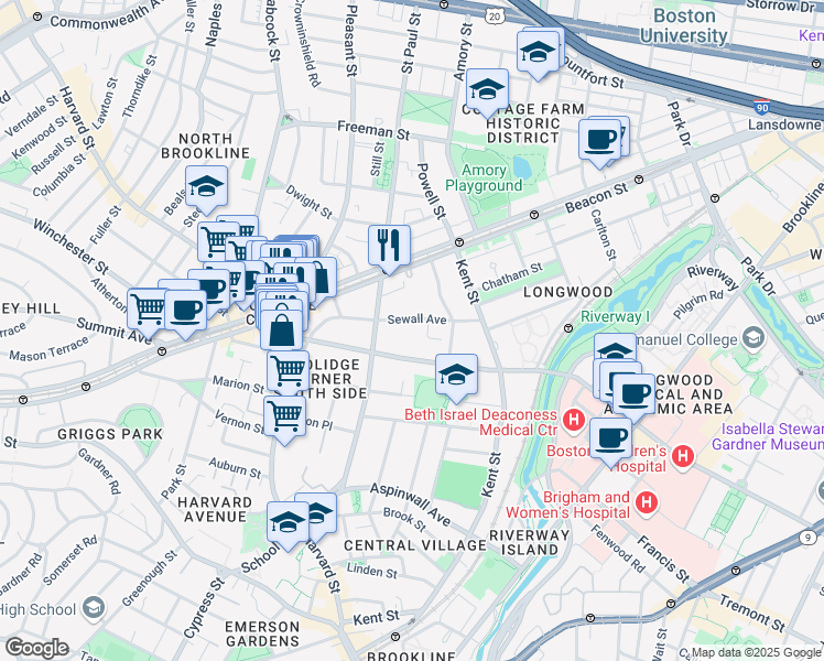 map of restaurants, bars, coffee shops, grocery stores, and more near 102 Sewall Avenue in Brookline