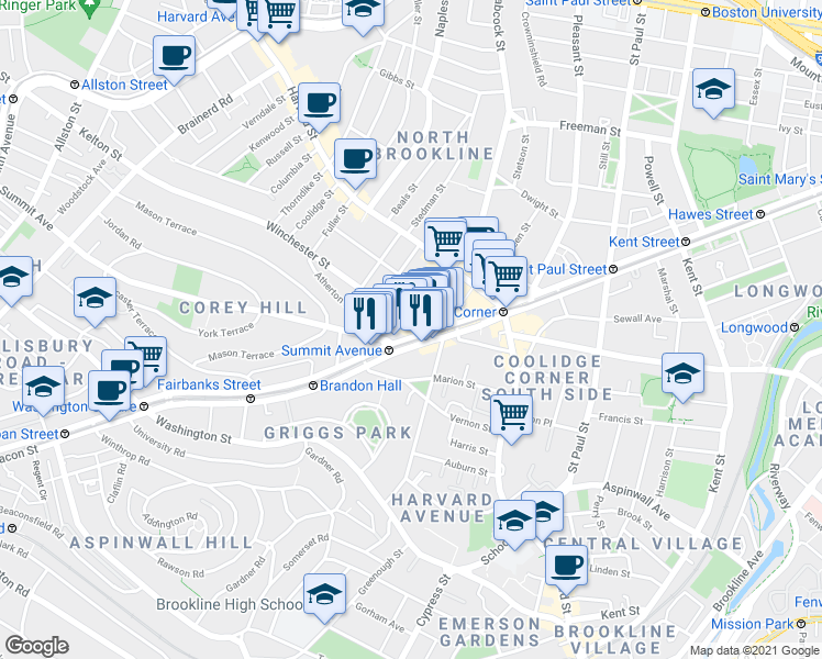 map of restaurants, bars, coffee shops, grocery stores, and more near 24 Winchester Street in Brookline