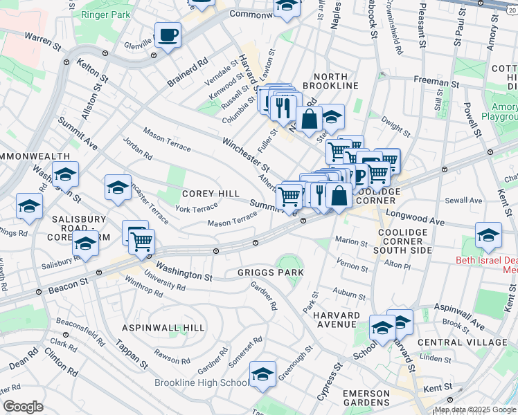map of restaurants, bars, coffee shops, grocery stores, and more near 138 Mason Terrace in Brookline