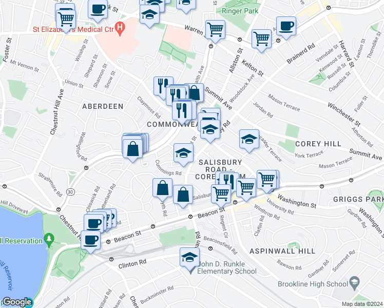 map of restaurants, bars, coffee shops, grocery stores, and more near 19 Mount Hood Road in Boston