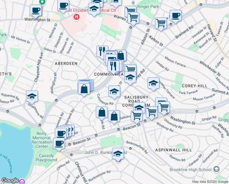 map of restaurants, bars, coffee shops, grocery stores, and more near 19 Mount Hood Road in Boston