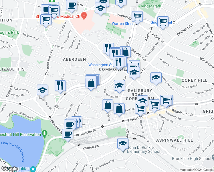 map of restaurants, bars, coffee shops, grocery stores, and more near 1665 Commonwealth Avenue in Boston