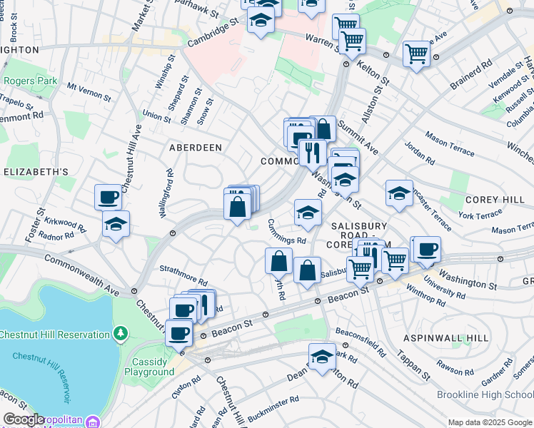 map of restaurants, bars, coffee shops, grocery stores, and more near 1665 Commonwealth Avenue in Boston