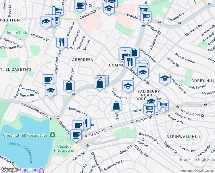 map of restaurants, bars, coffee shops, grocery stores, and more near 1691 Commonwealth Avenue in Boston