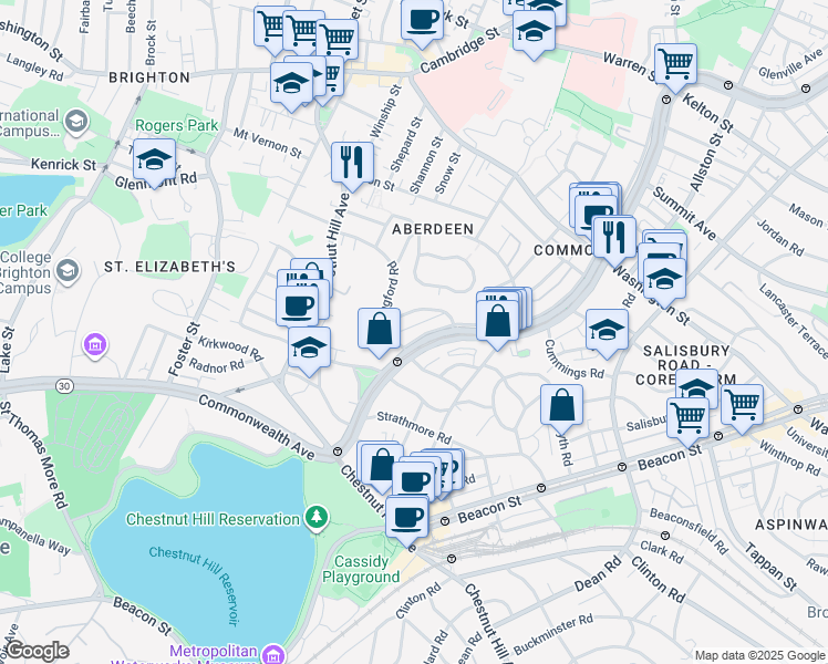 map of restaurants, bars, coffee shops, grocery stores, and more near 14 Leamington Road in Boston