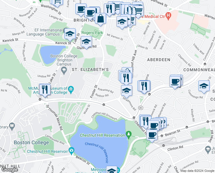 map of restaurants, bars, coffee shops, grocery stores, and more near 201 Chiswick Road in Boston