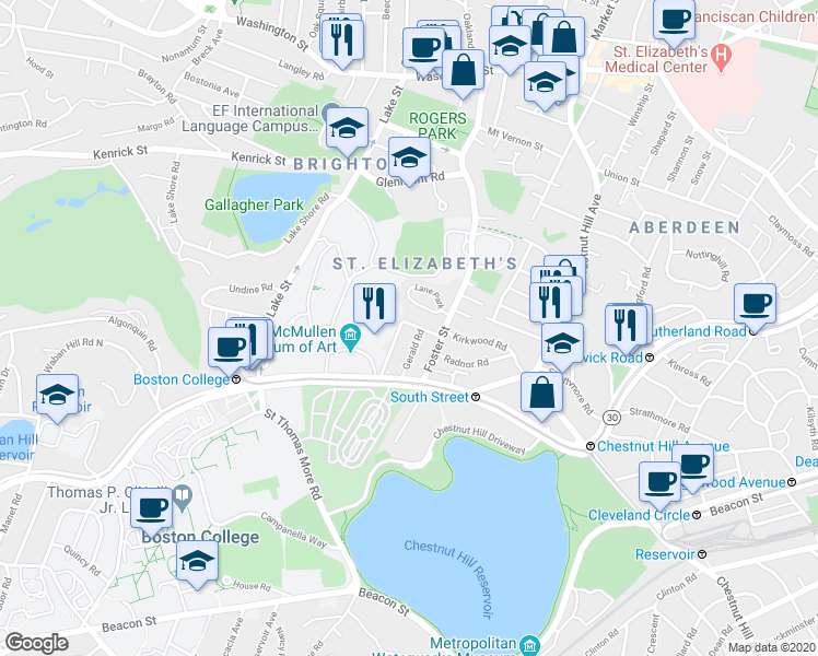 map of restaurants, bars, coffee shops, grocery stores, and more near 22 Lane Park in Boston